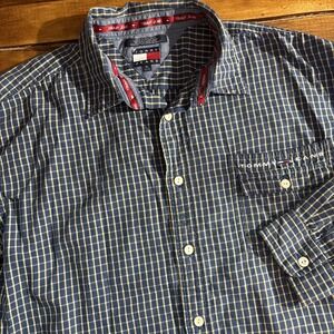 Tommy Hilfiger Tommy Jeans Button Shirt Men's XL Blue Plaid Long Sleeve Logo Y2K